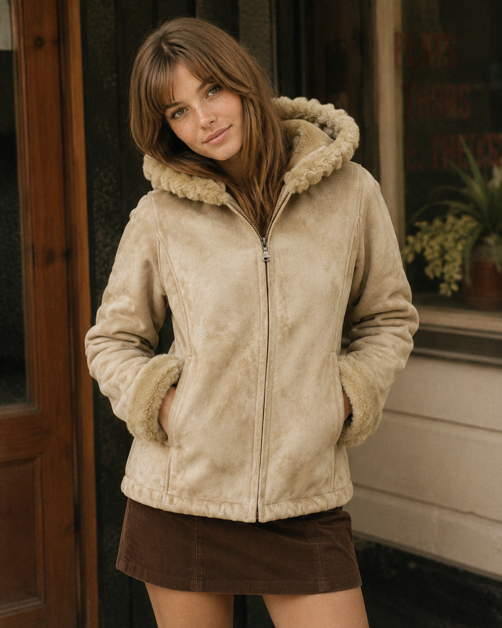 Y2K Esprit NWT Faux Suede Shearling Coat Hood Boho Hippie Western Medium
